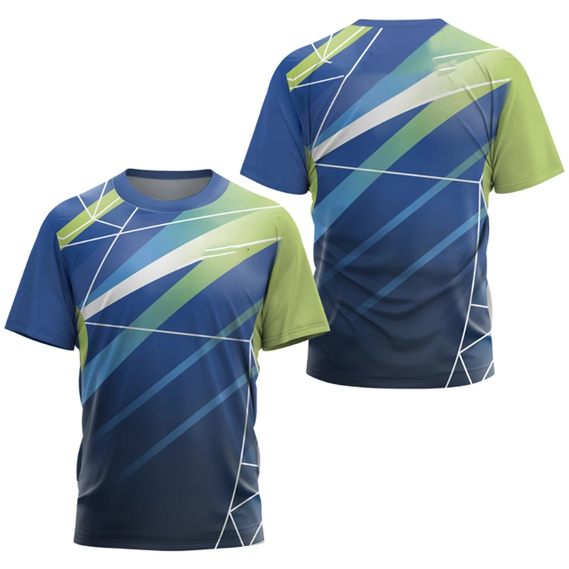 Summer Tops Fashion Gradient Stripe Print T-Shirt Men Badminton Table Tennis Comfort Clothing Casual Round Neck Sports T-Shirts