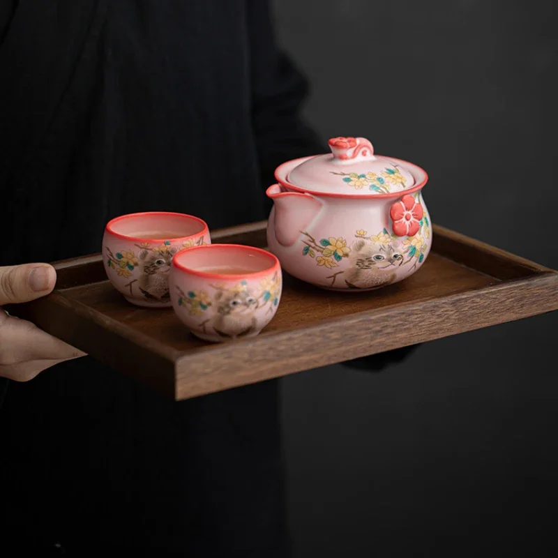 Ceramic Anti-Scalding Kung Fu cha Set Creative Cat Scratch Pot Pink Ruyao Tea Cup Personalized Home Decor Chinese Berserk