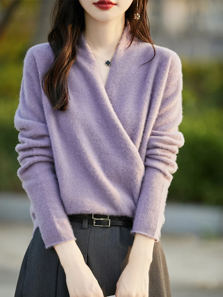 Femmes laine pull croix col en v pull automne hiver bureau dame 100% laine mérinos tricots chaud doux Style cachemire capote