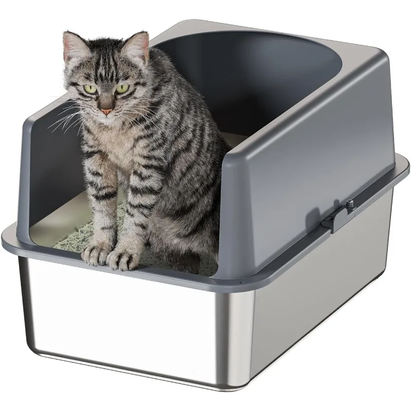 

High-Sided Stainless Steel Cat Litter Box,Stainless Steel Litter Box with Lid,Extra Medium Box,Easy-to-Clean Metal Litter Pan