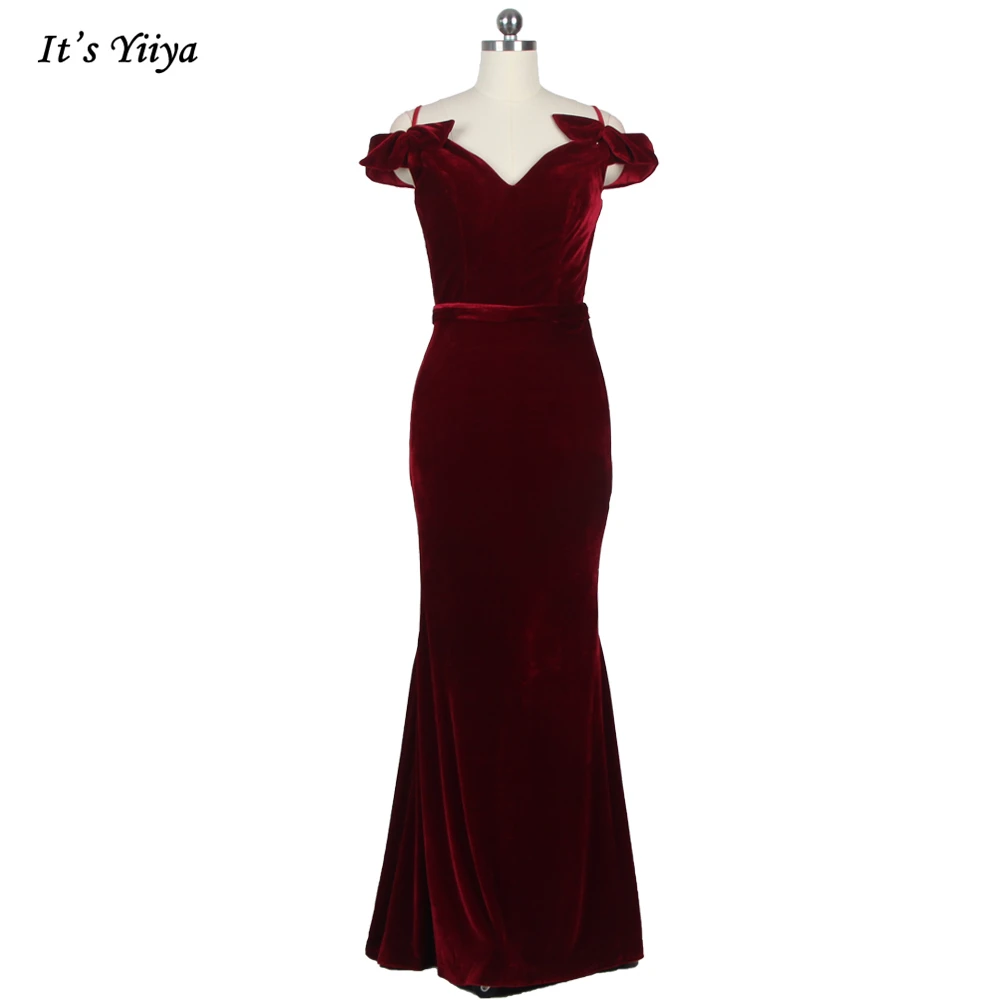 

It's Yiiya Evening Dress New Burgundy Velour Off the Shoulder Robe De Soiree Mermaid Trumpet Plus size Women Party Dresses E743