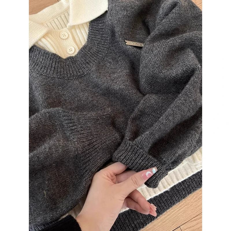 Women Two-piece Retro Knitted Pullover Sweater Autumn and Winter Korean Fashion College Style Age-reducing Casual Jumper Tops