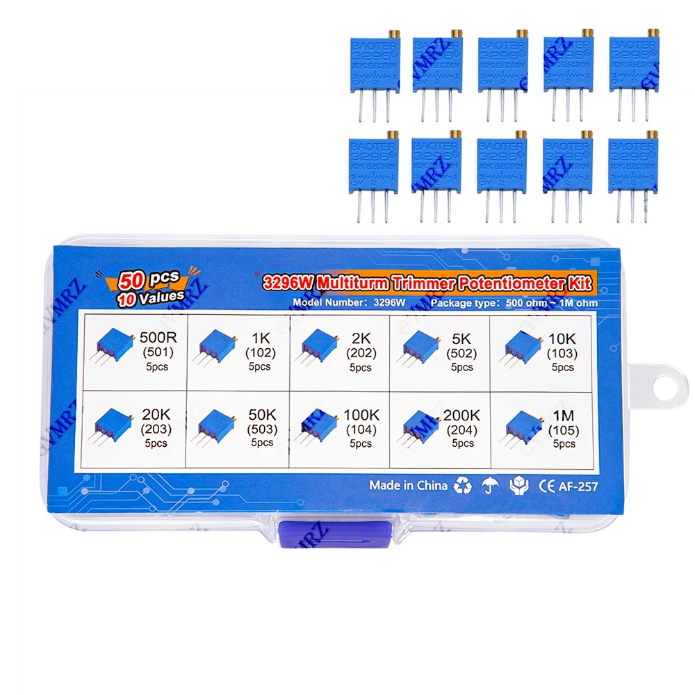 50PCS 10Values 3296W Multiturn Trimmer Potentiometer Kit (500Ω-1MΩ) in Box for Precision Circuit Tuning & DIY 500R 2K 1M