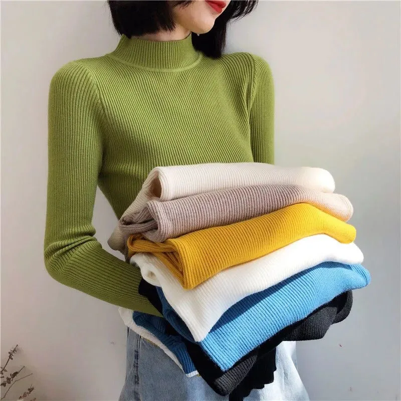 Autumn Winter Women Sweater Basic Solid Half-high Collar Knitted Pullovers Korean Simple Slim Long Sleeve Jersey Jumpers Female