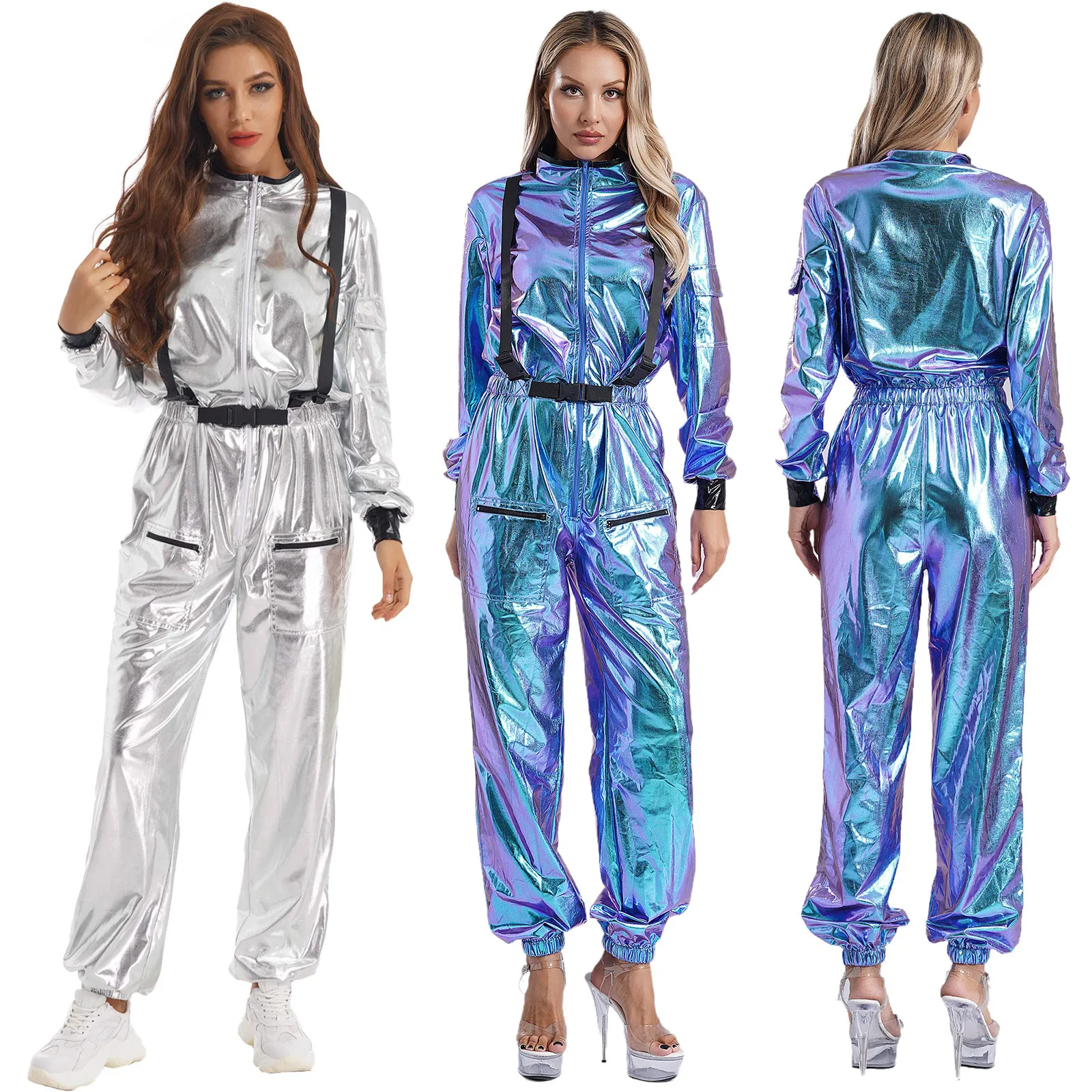 Womens Astronaut Costume Adult Metallic Outer Space Suit Halloween Flight Full Bodysuit Jumpsuit Carnival Role Play Dress Up