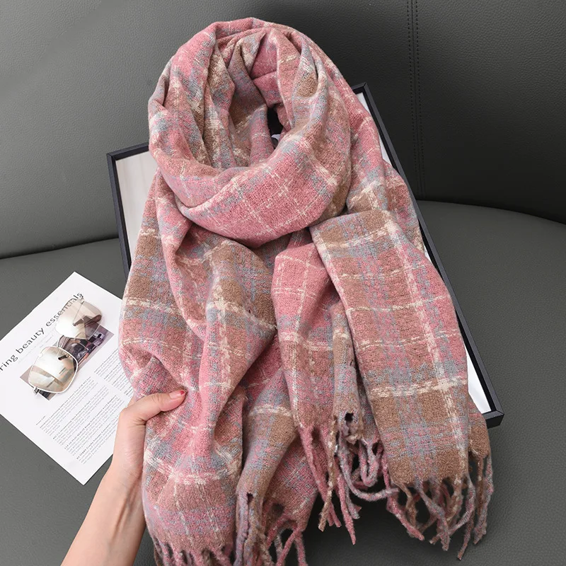 

New Cashmere-like Thick Checks Women's-Border Atmosphere Warm Autumn and Winter White Soft Tassel Shawl Scarf