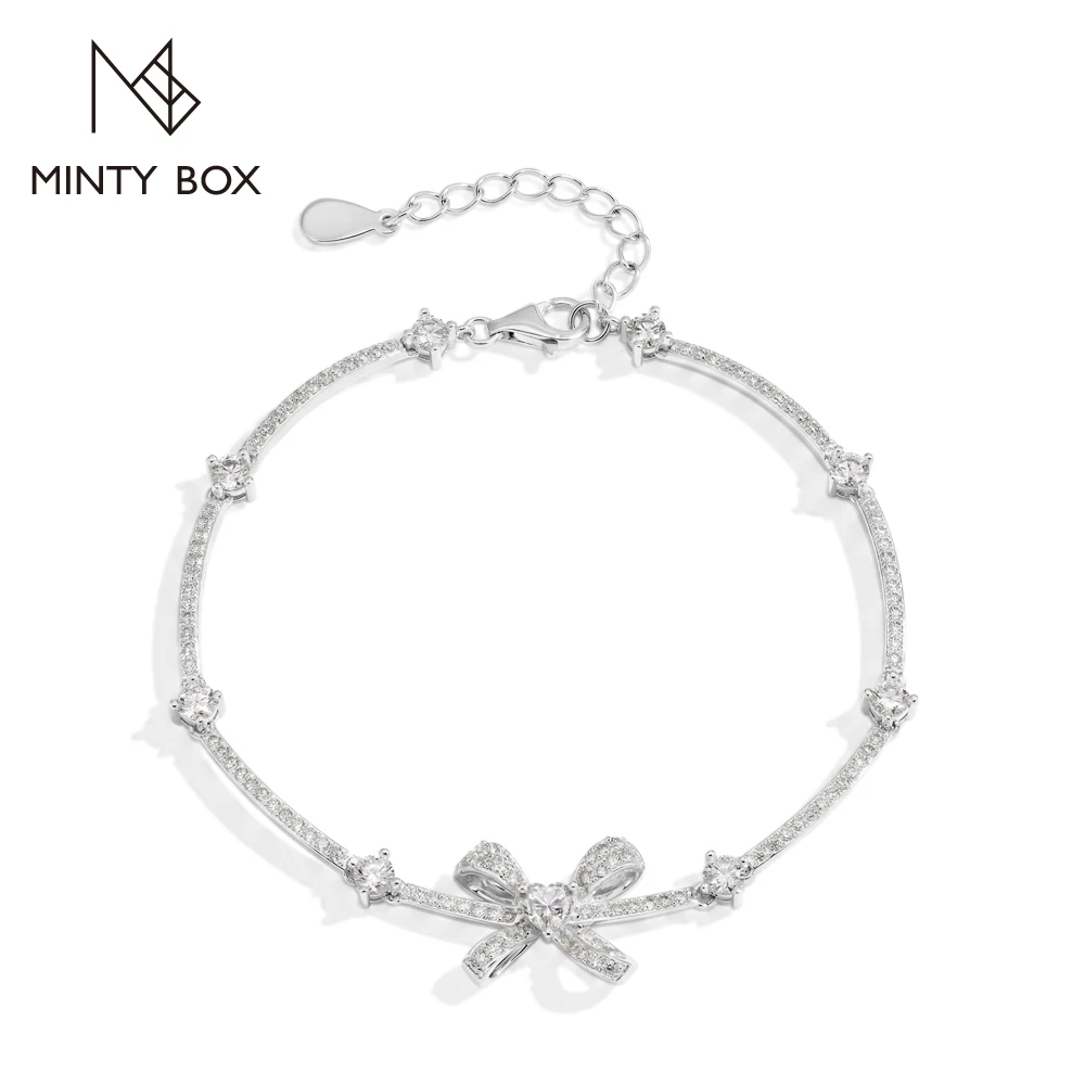 MINTYBOX S925 Sterling Silver Moissanite Bracelets for Women Adjustable Bow Bracelet Romantic Engagement Jewelry Birthday Gifts