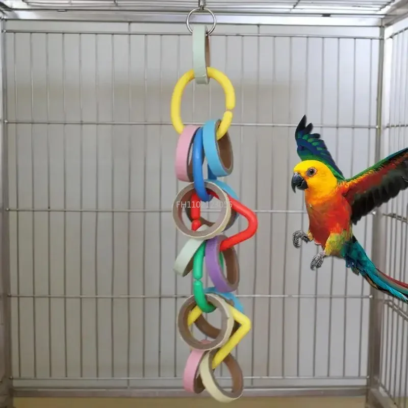 

Multicolored Wooden Paper Ring Birds Toy Bite Bridge Parrot Foraging Tearing Cockatiels Training Hang Swings Parrot Chew Toy