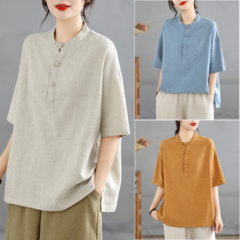 Summer Improved Women's Tai Chi Practice Clothes Loose Fit Zen T-Shirt Short Sleeve Linen Cotton Blend Retro Style Top