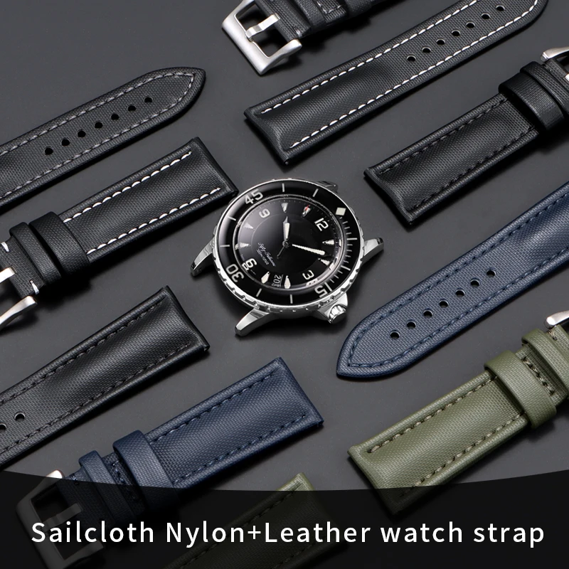 20/22/23mm Canvas nylon + leather watchband for Blancpain FIFTY FATHOMS Swatch Seiko Outdoor sports watch bracelet Accessories