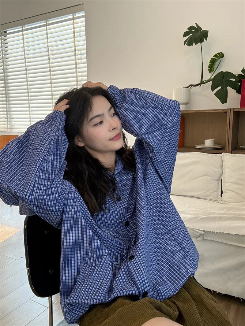 Bleu Plaid à capuche Protection solaire irt Jaet femmes été décontracté ample Long Sve haut PPHOME coton Polyester mélange