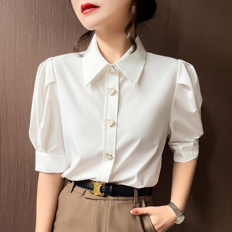 Women Clothing Turn-down Collar Puff Sleeve Blouse Summer Chic Button Office Lady Chiffon Shirts Vintage Elegant Solid Tops