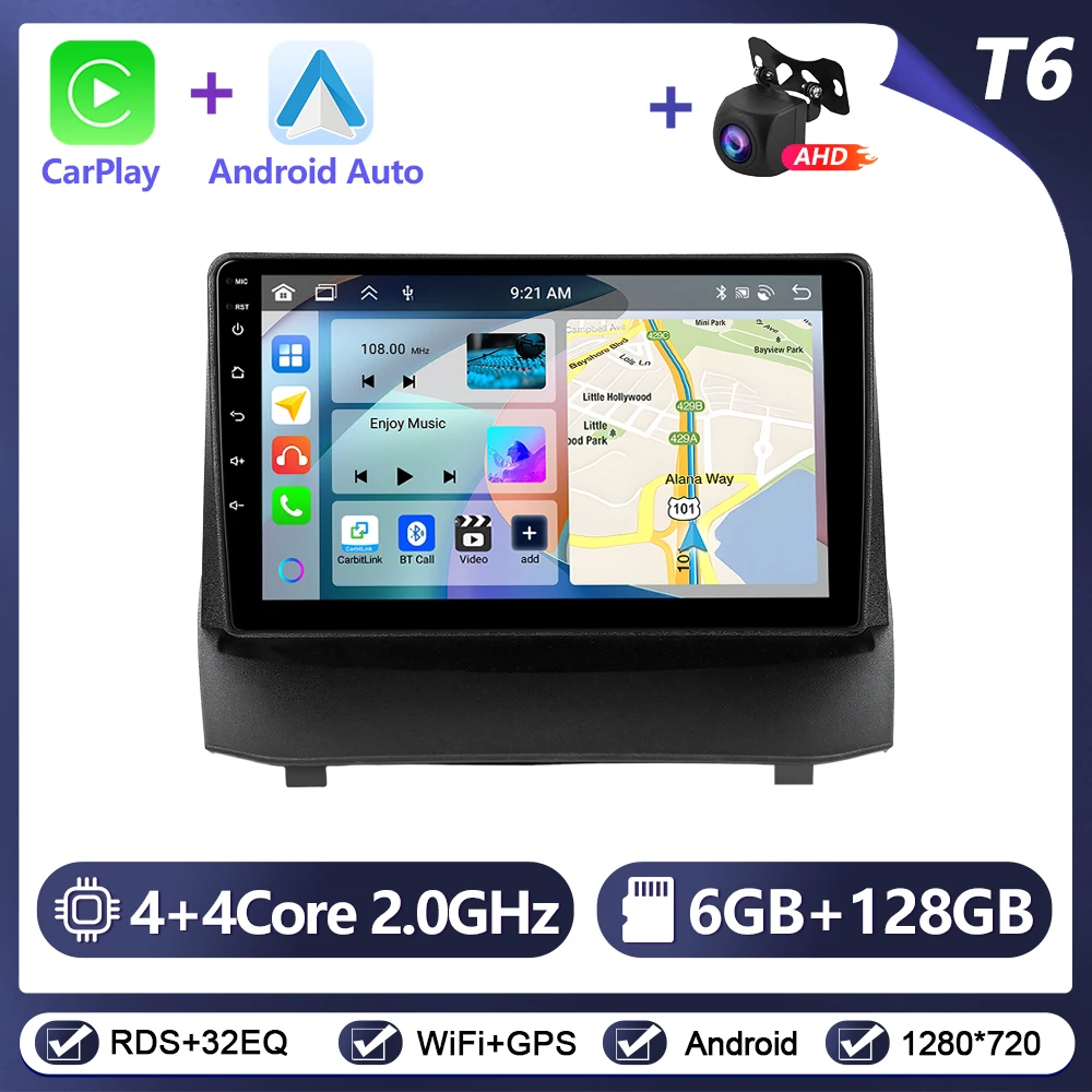 Podofo Draadloze CarPlay Android Auto Autoradio voor Ford Fiesta 2009-2014 Intelligent Autosysteem 6 + 128G WIFI GPS Autostereo