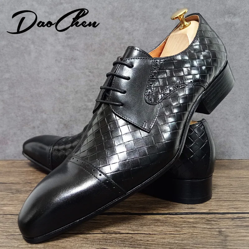 Luxury Men Shoes Lace Up Pointed Toe Black Brown Plait Formal Derby Mens Office Business Wedding Dress Leather Shoes Men