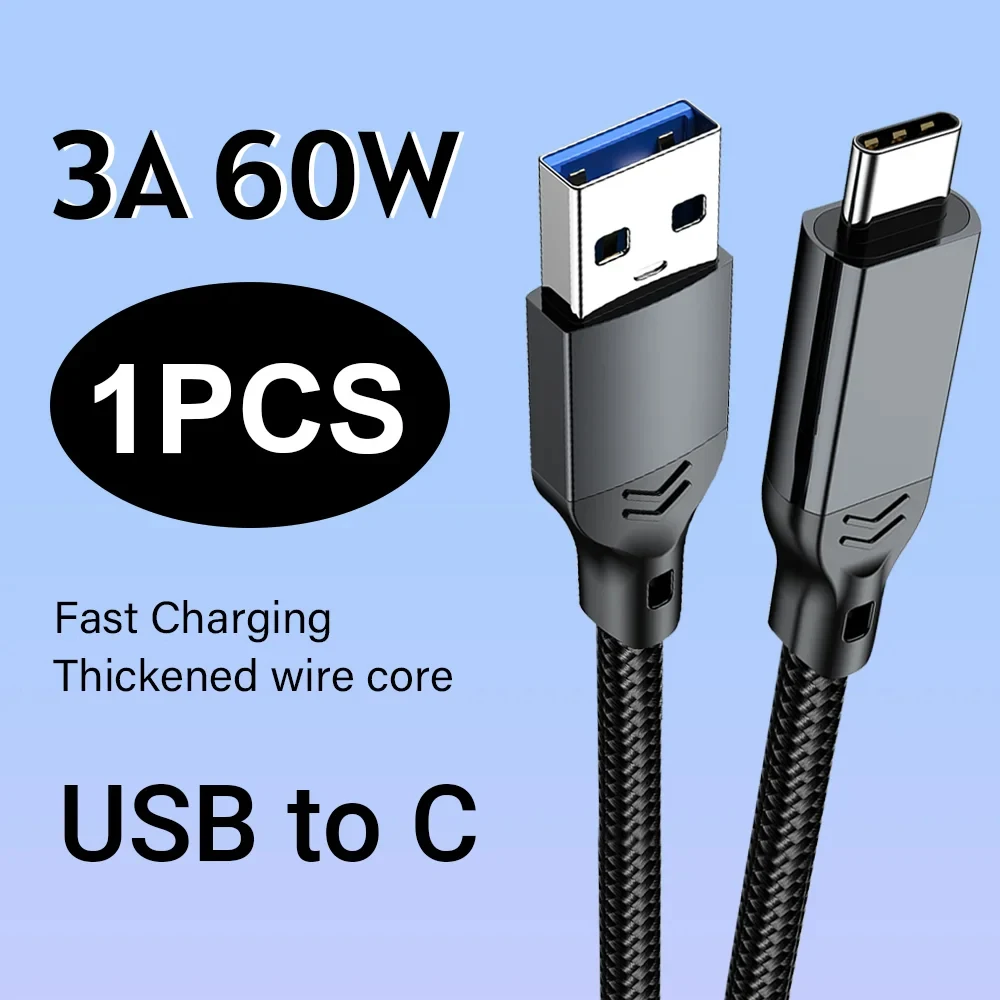 Cabo de Transferência de Dados USB A para Tipo C 60W USB3.2 10Gbps 0.5m/2m para Telefones, Discos Rígidos, Laptops, Carros, Câmeras, Carplay, Webcams