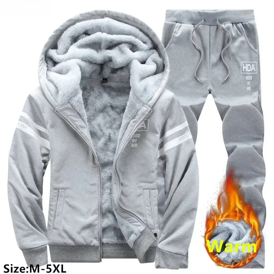 New Big Size Tracksuit Sets Men's Thicker Warm Hooded Jacket and Pants Two Pieces Male Fleece Sweatshirts Casual Sport Suit