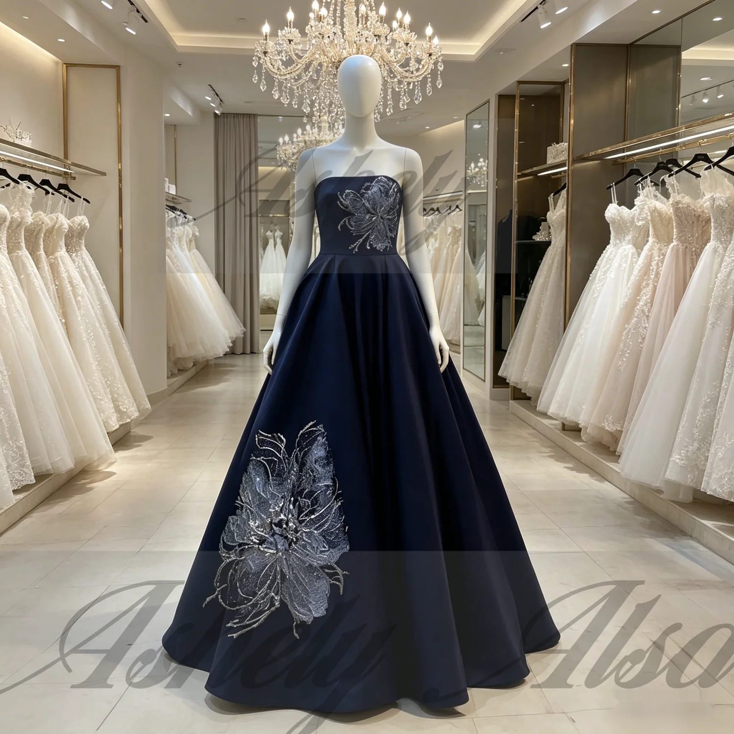 

Luxury Navy Blue Evening Dresses 2026 Strapless Beading A Line Satin Floor Length Women Formal Evening Gown Wedding Party Dress