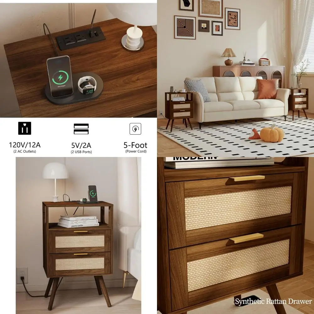 

Прикроватная тумбочка в стиле фермерского дома с зарядной станцией, 2 ящиками для хранения и открытой полкой, ножки из массива дерева, цвет орех, для небольших помещений