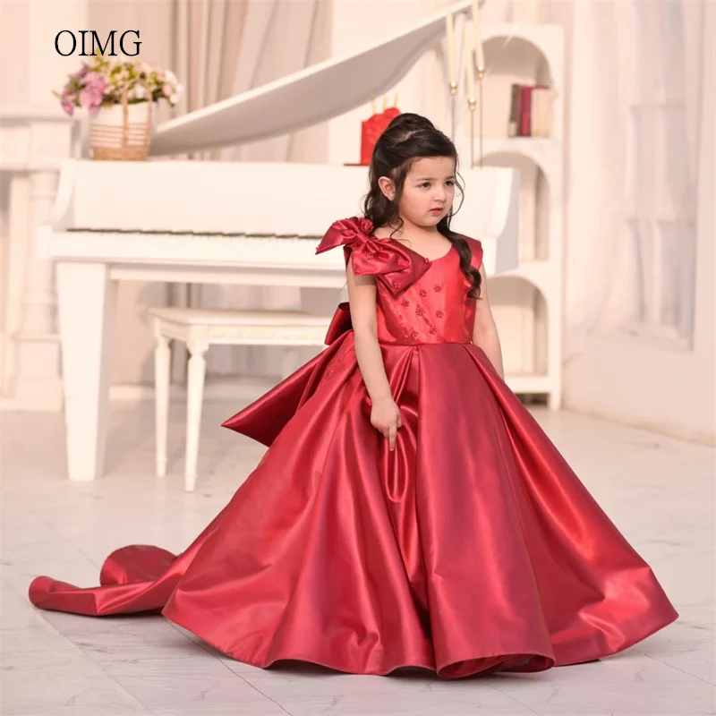 

OIMG Opulent Red A Line Flower Girl Dresses O Neck Bow Back Wedding Party Dress Floor Length Birthday Dress niñas Customized