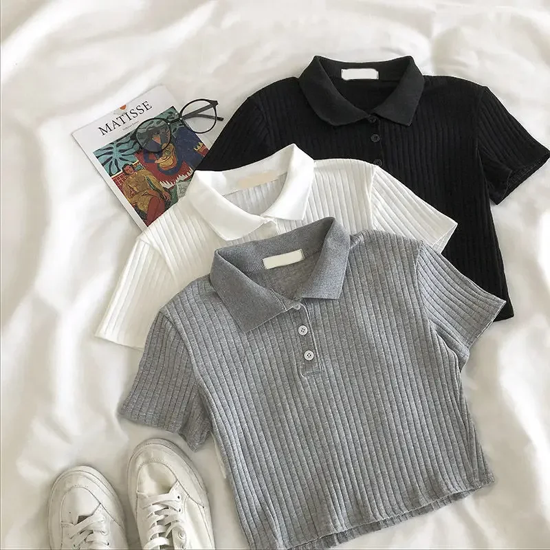 المرأة متماسكة مدرسة بولو الرقبة اقتصاص قميص الصيف قصيرة الأكمام الشباب بلون المحاصيل الأعلى الإناث الأساسية بلوزة سيدة البلوز #1