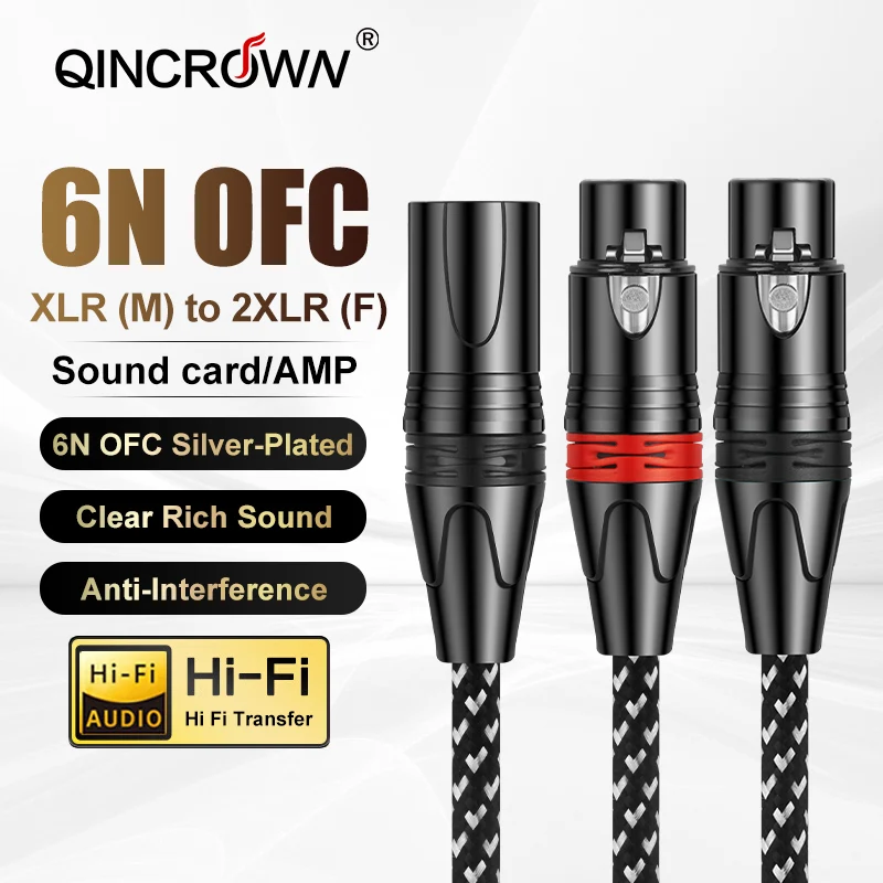 QINCROWN HiFi XLR to 2 XLR M/F Audio Splitter Cable, 6N Silver-Plated OFC Pure Copper Shield for Mixer Amp Mic Studio Stereo