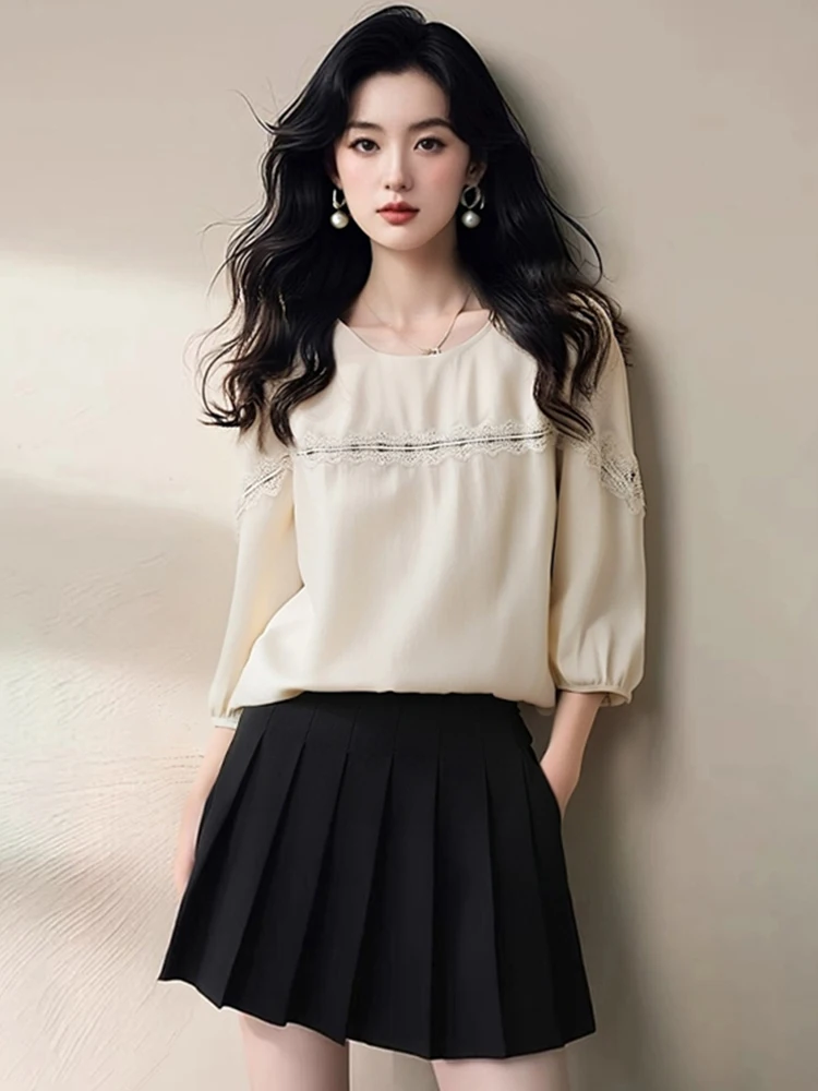 

Элегантная свободная шелковая блузка с кружевной отделкой и вставками, рукава 3/4, атласный топ в корейском стиле, прямая приталенная блузка для офиса