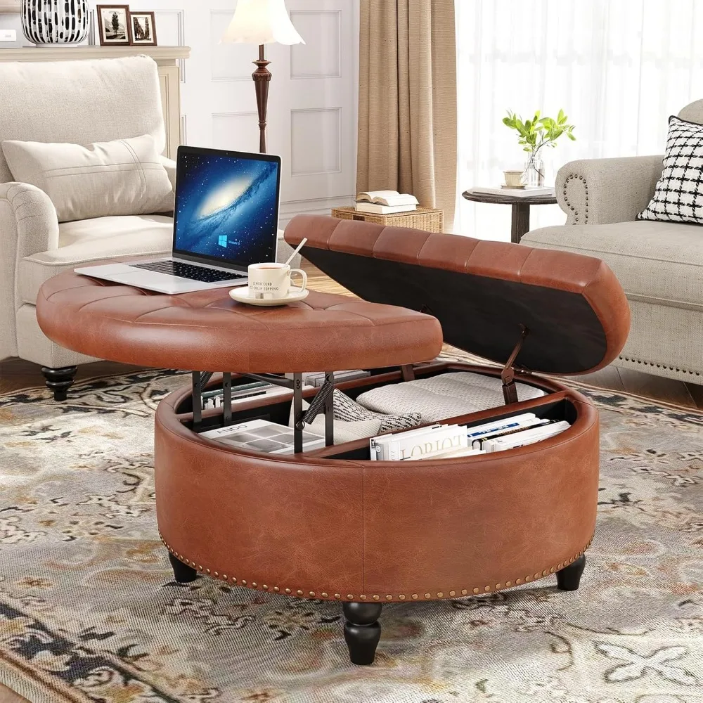 30 Inch Round Storage Ottoman,Modern Button Tufted Coffee Table with Lift Top,Large Round Ottoman Upholstered Footrest Stool Toy