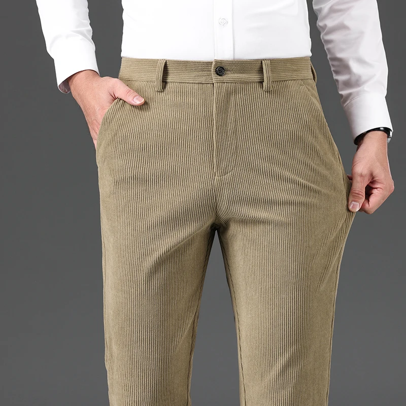 

Gray Black Clothing Autumn Winter Men's Corduroy Pants Mid Waist Business Straight Casual Trousers Male Khaki Plus Size 40