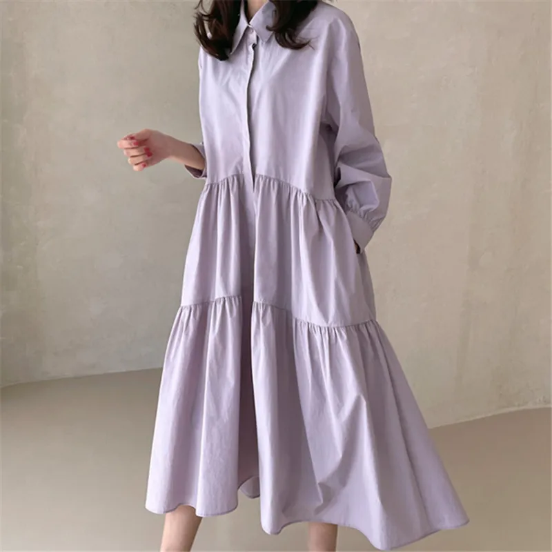 

IHOBBY Women Spring Kawaii Purple Long Sleeved Loose Cake Dress Loose Style Ankle Length Dresses