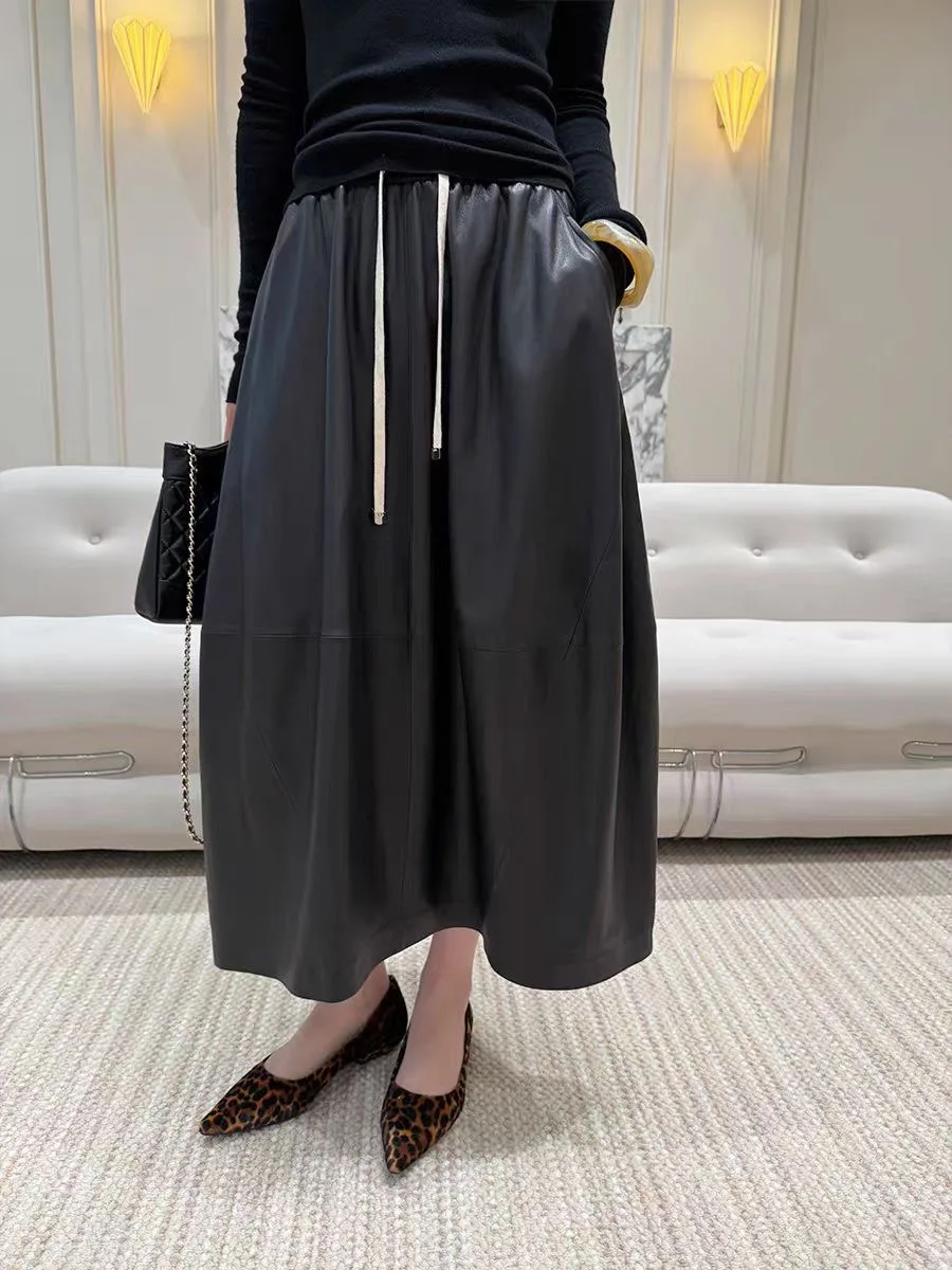 

High End Women Oil Wax Genuine Leather Sheepskin Long Bud Skirt Elastic Waist Drawstring Wrapped Jupe Mujer Mid Length Mid Calf