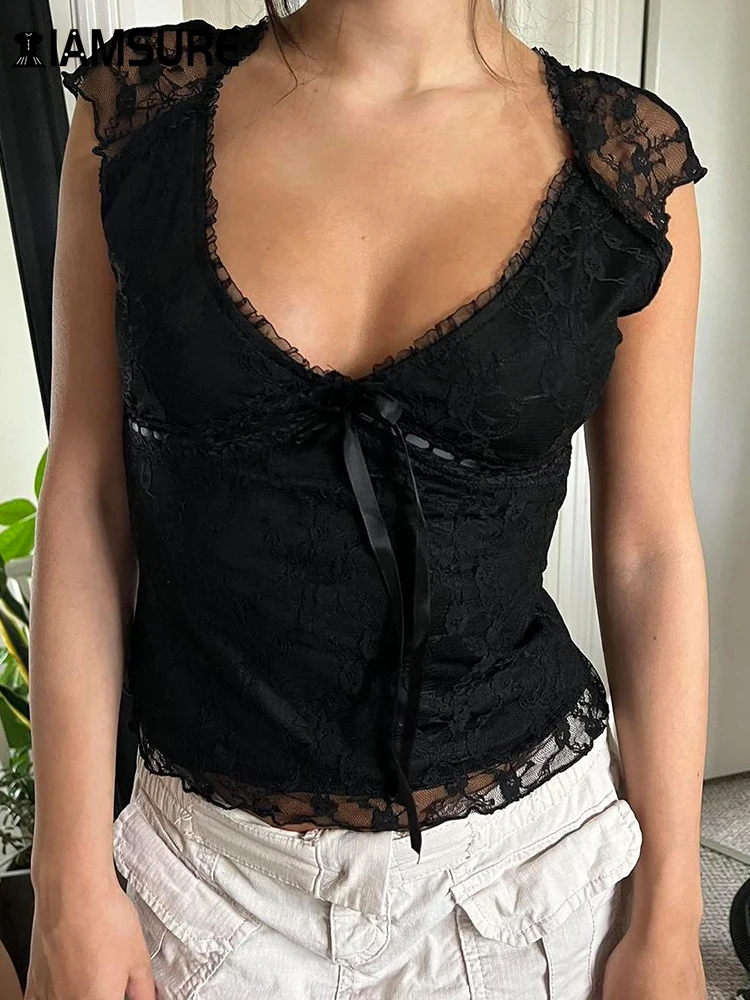 IAMSURE Casual Solid Bow Pathcwork Lace T Shirt Slim Deep V-Neck Short Sleeve Tees Women 2023 Summer Fashion Streetwear Ladies