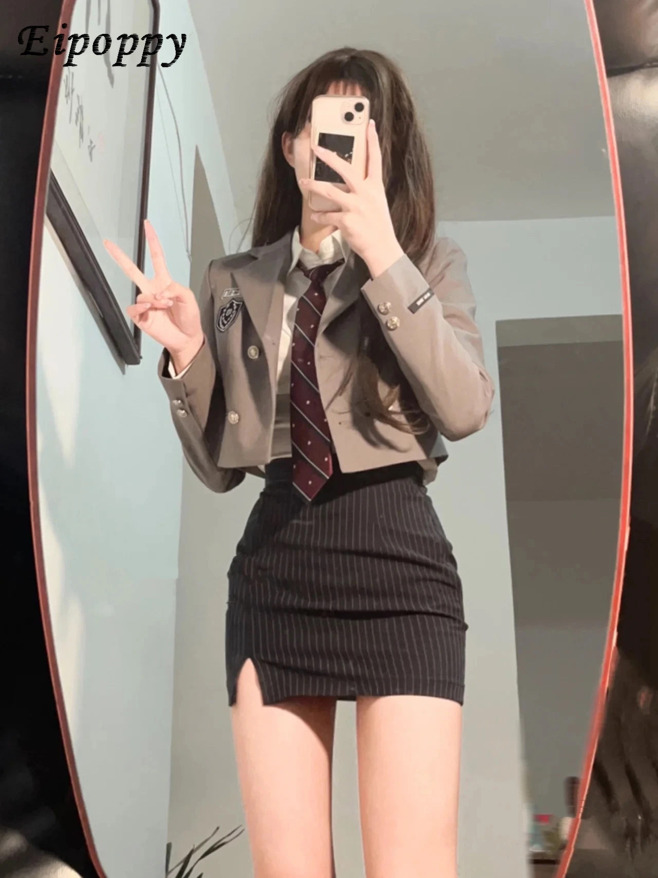 Casaco curto estilo universitário para meninas, roupa quente pura, camisa de manga comprida, saia listrada com bainha