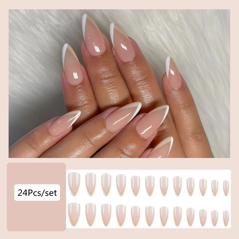 

24Pcs V Shape French Press On Nails Shiny Natural Acrylic Short Stiletto Fake Nails With Glue Stickers DIY Manicure Accessory