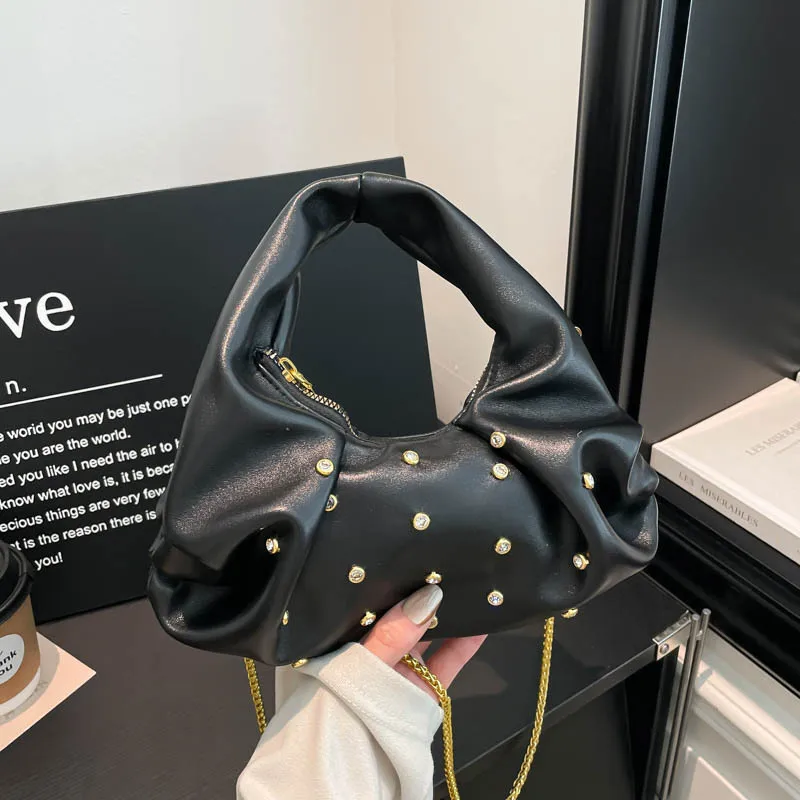 

Vintage Rivet Design PU Shoulder Bags for Women Solid Color Ladies Chain Crossbody Bag Simple Girls Hobos Handbags Phone Clutch