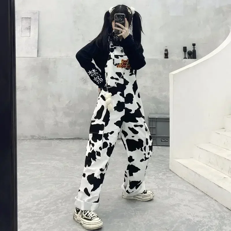 Street Hip-hop Harajuku Girl Cow Print Oneies for Women Black White Plaid Overalls Casual Jumpsuit Trousers Baggy Pants