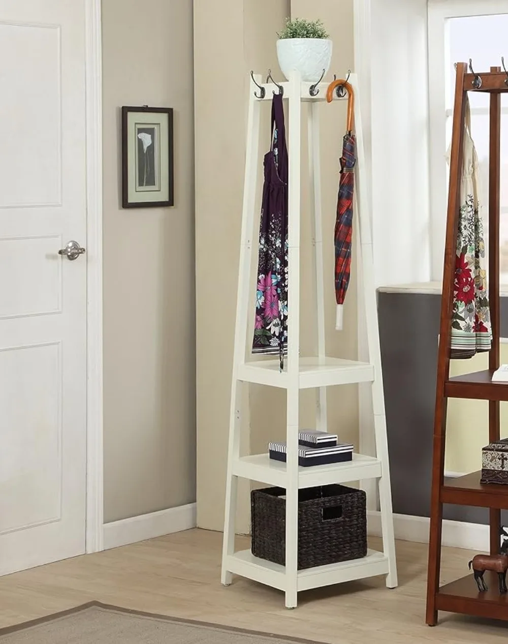 

Roundhill Furniture Vassen Coat Rack with 3-Tier Storage Shelves, White Finish