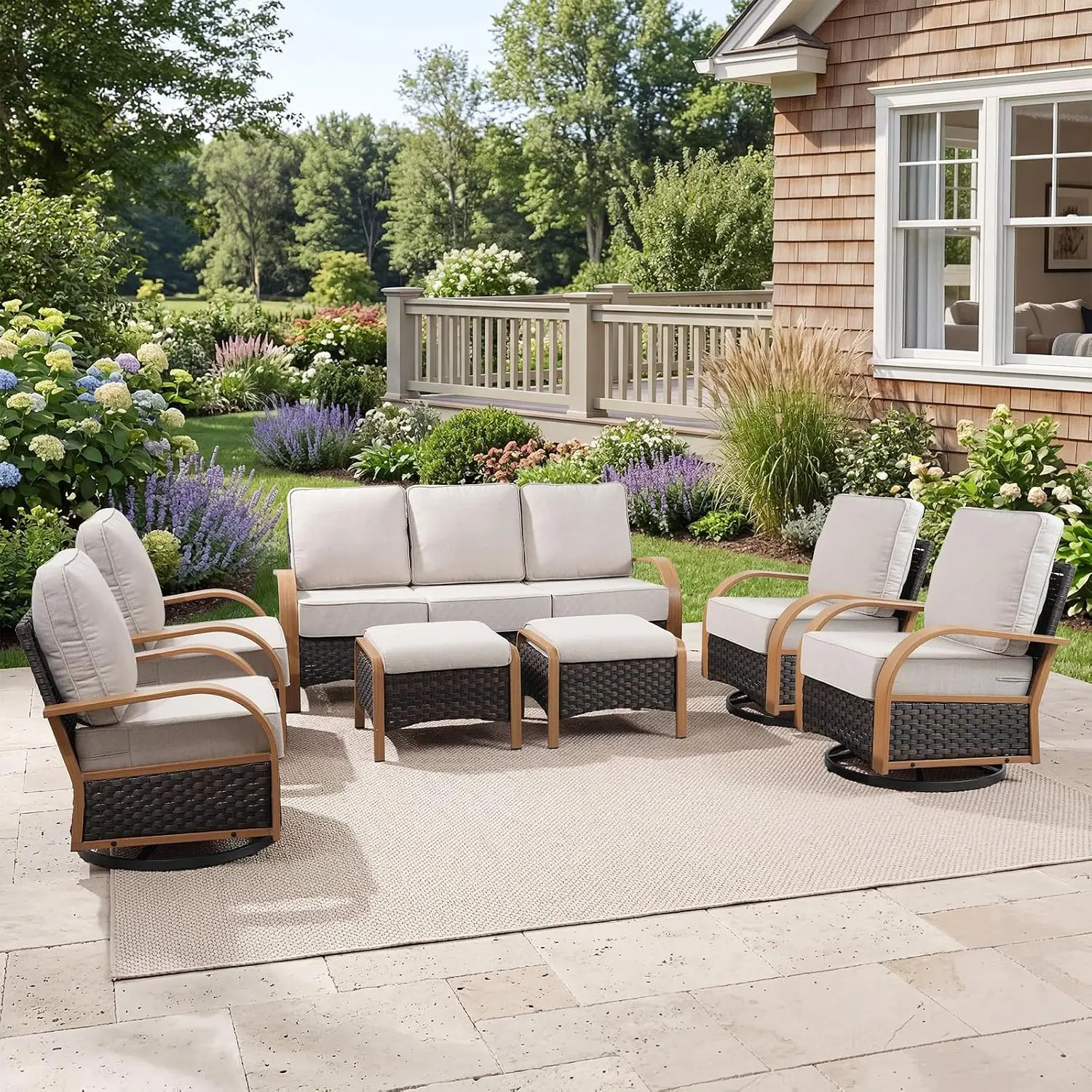 All Weather Wicker Patio Set With 6-Inch Cushions, 4 Swivel Rockers & 3 Seater Sofa For Deck Porch, Wood & Beige, Customized