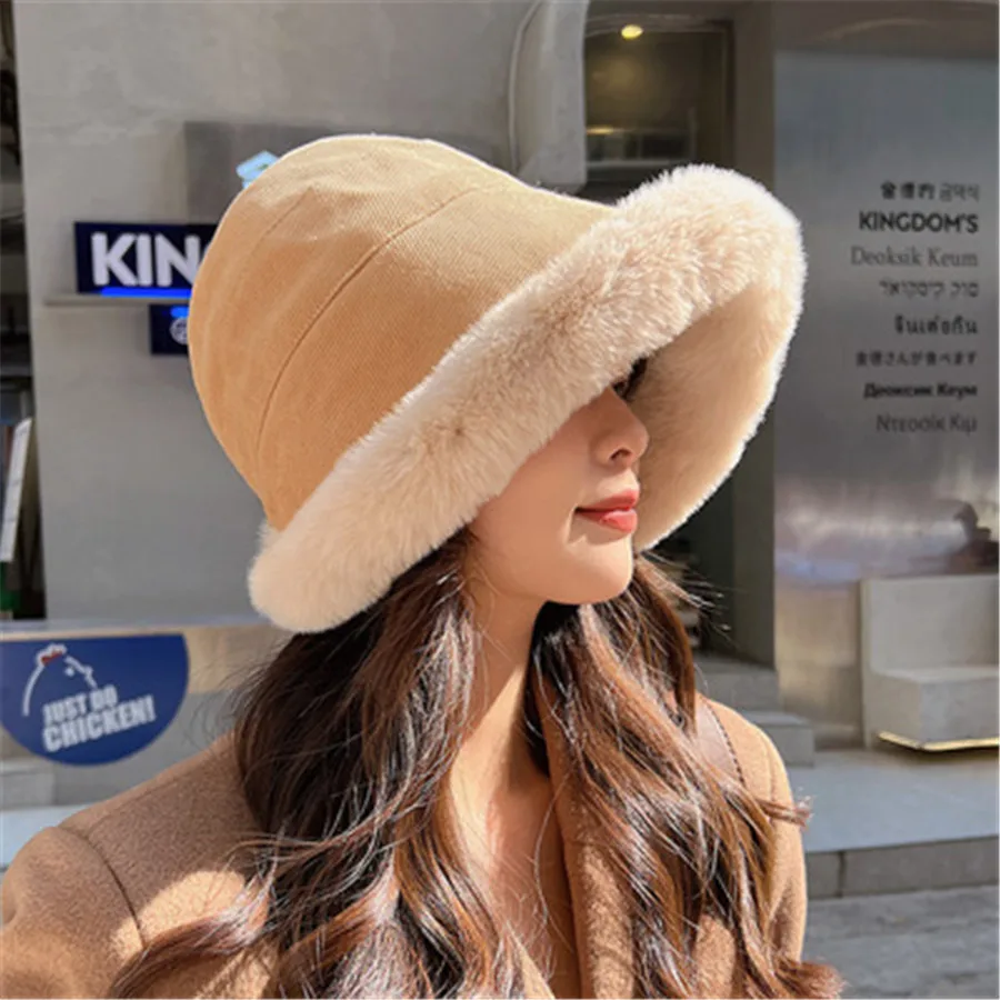 New Faux Fur Bucket Hat Women\'s Fashion Warm Thick Plush Panama Hats wide Brim plus Furry Fisherman Cap for Women Winter Hat