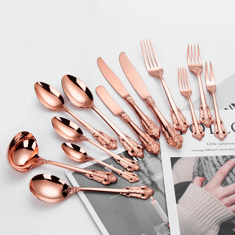 Gorgeous Glossy Gold Flatware Set, Antique Silverware, Stainless Steel Copper Cutlery, Serving Utensil Knife Fork Spoon