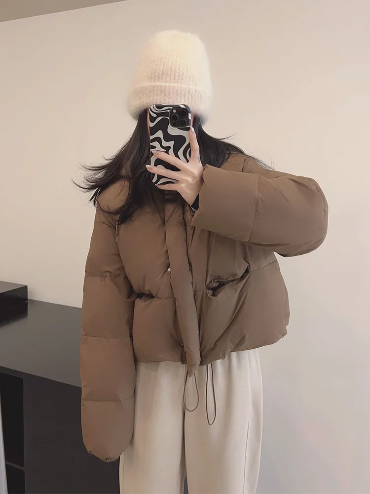 Simple White Duck Down Hooded Down Jacket Short Korean Winter Women Warm Drawstring Long Sleeve Puffer Jackets Trend Overcoat