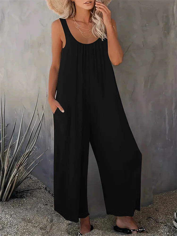 

2024 Hottest in Europe and America Ladies' Midsummer Jumpsuit Solid Color Suspender Loose Wide Leg Pants with Dual Insert Pocket