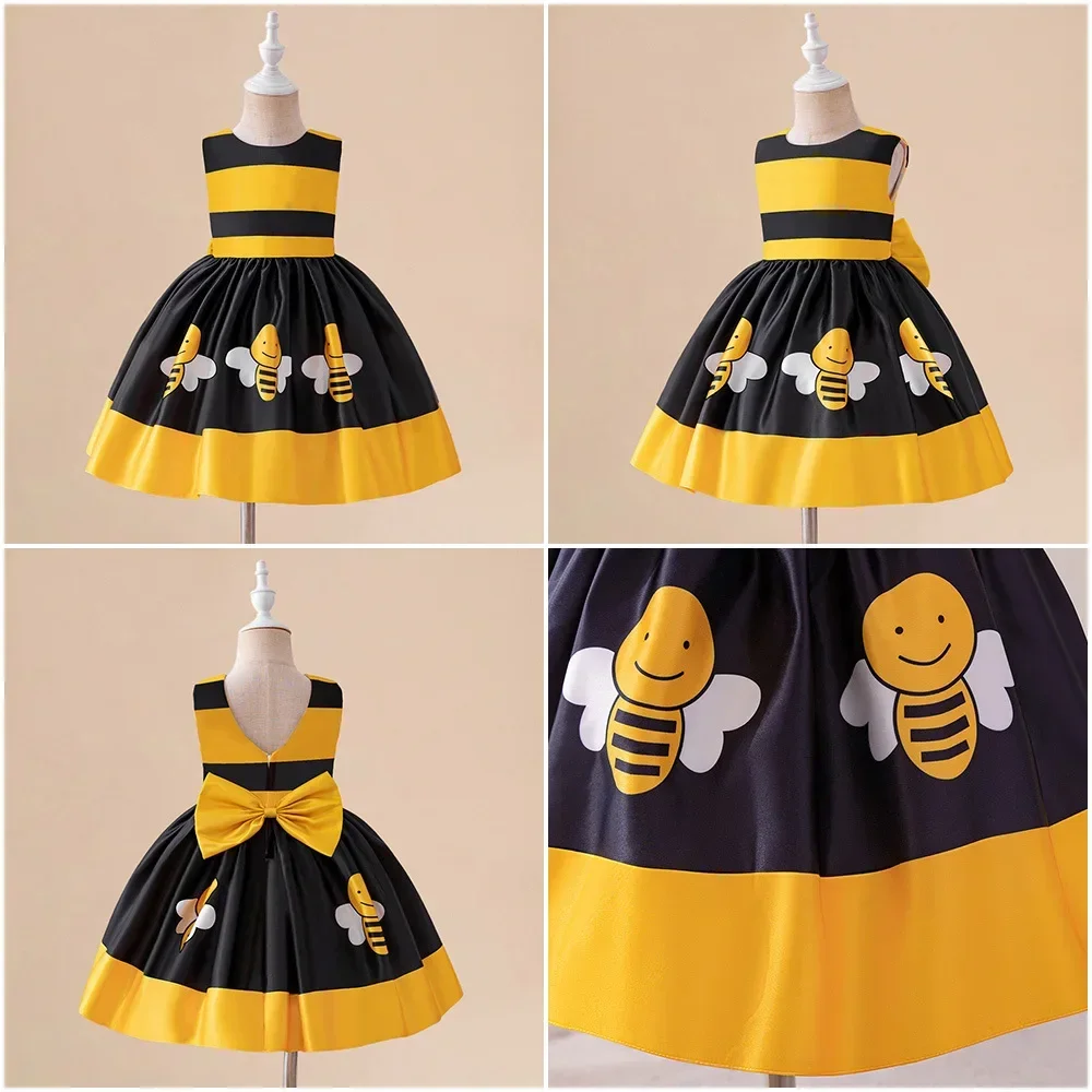 Cute Baby Honeybee Summer Tutu Dress For Girl Toddler Yellow Bee Line Costume Kids Bow Daily Holiday Clothes Infant Party Wear