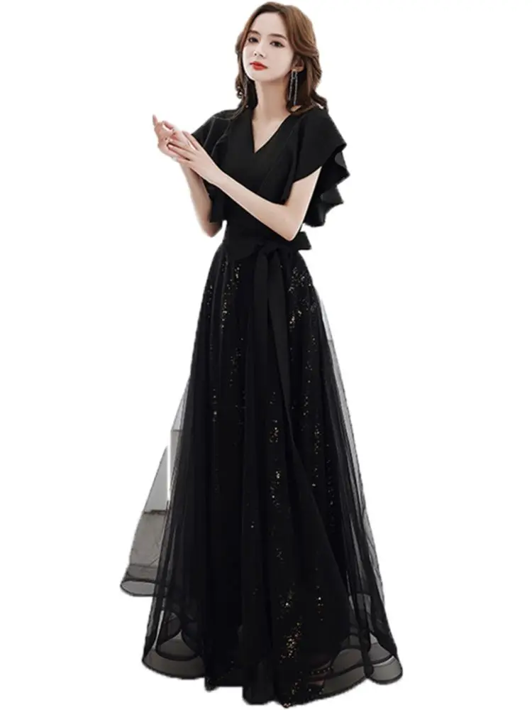 Black Slim Lace Up Evening Dress Elegant V-Neck Ruffle Short Sleeve Cocktail Party Dresses Back Zipper Long Graduation Vestido