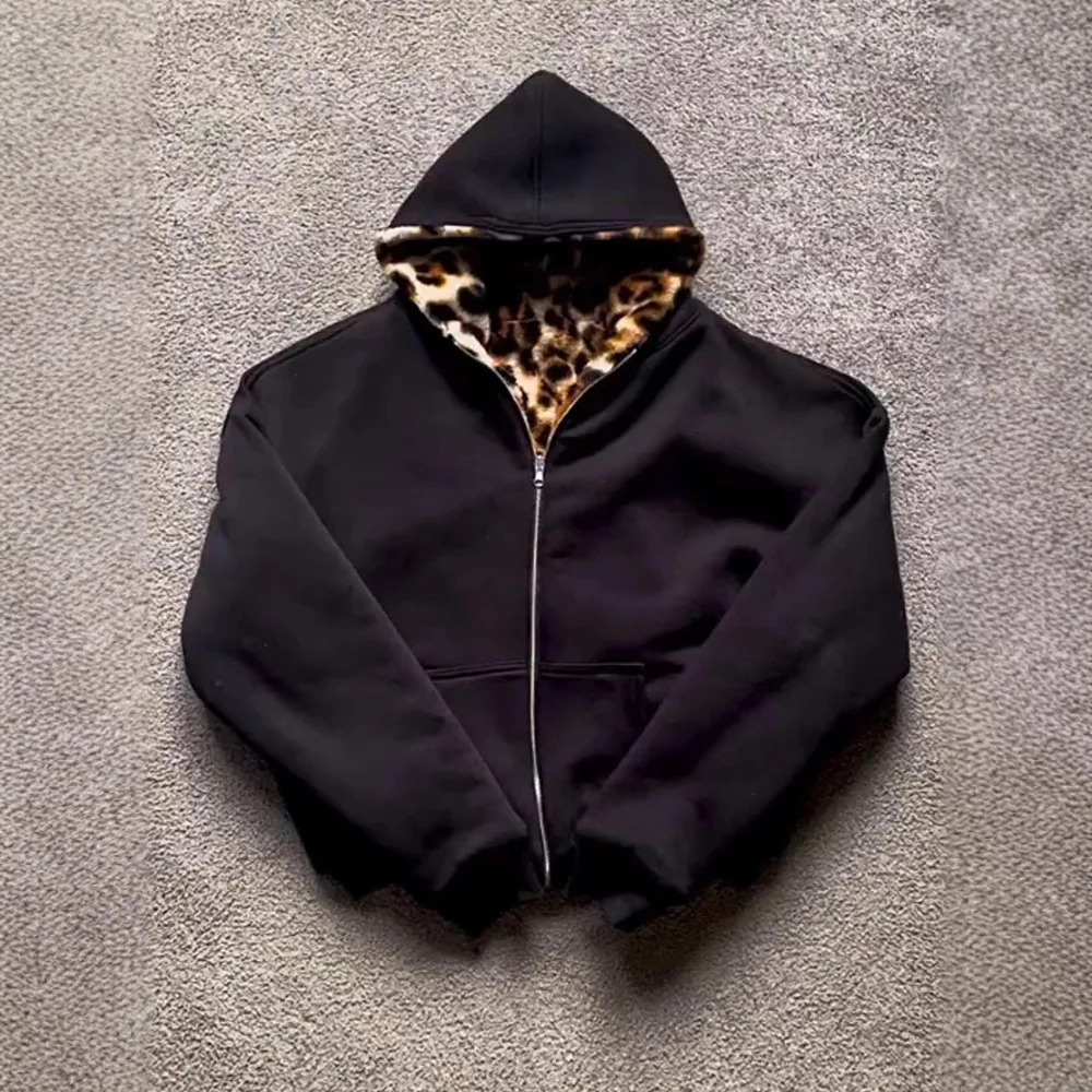 

2025 Autumn and Winter New Fashion Retro Leopard Print Hooded Zipper Double-sided Sweatshirt Jacket