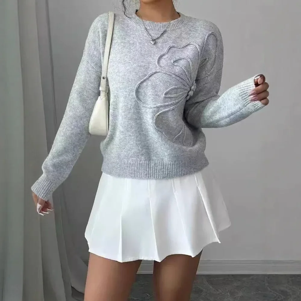 

Весенне-осеннее Новое поступление, удобный свободный крой, модный элегантный повседневный вязаный свитер с цветочным принтом и круглым вырезом, женский трикотаж