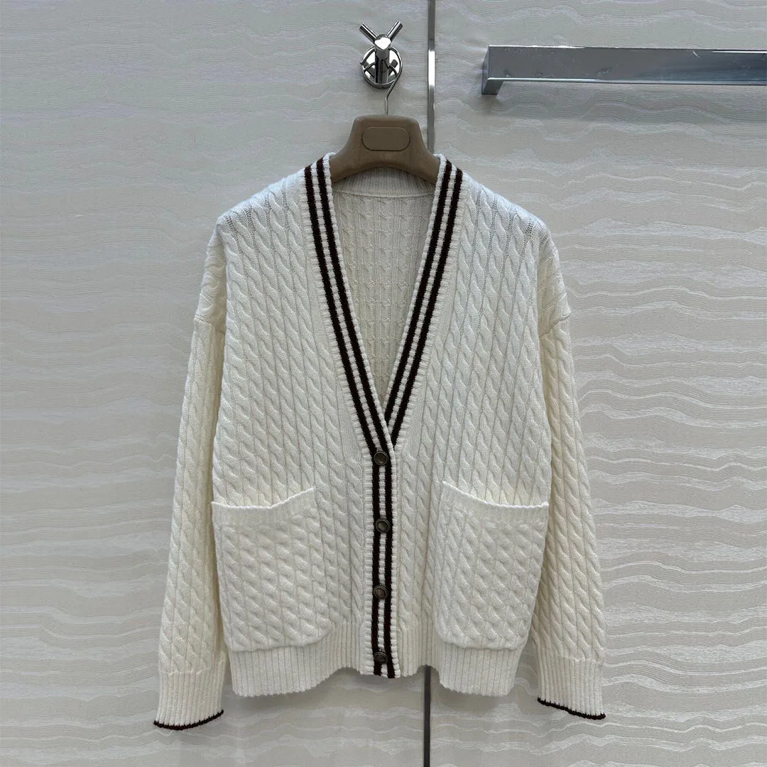 

2025 New Fashion Twist Crochet Loose Knitted Cardigans Women Preppy Style V-neck Long Sleeve Stripe Buttons Autumn Sweet Sweater