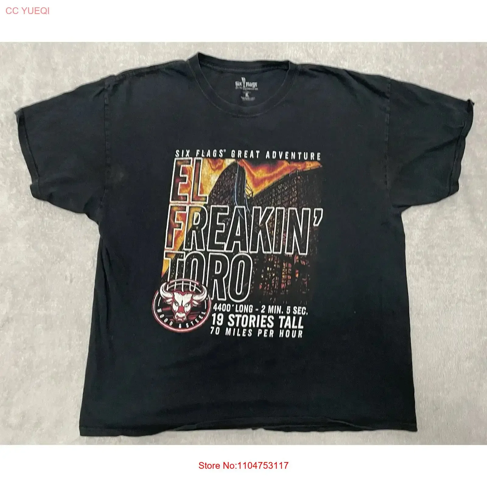 El Toro Six Flags Great Adventure T Shirt Mens XL Black Faded Rollercoaster vintage Washed Stretched Comfortable Versatile