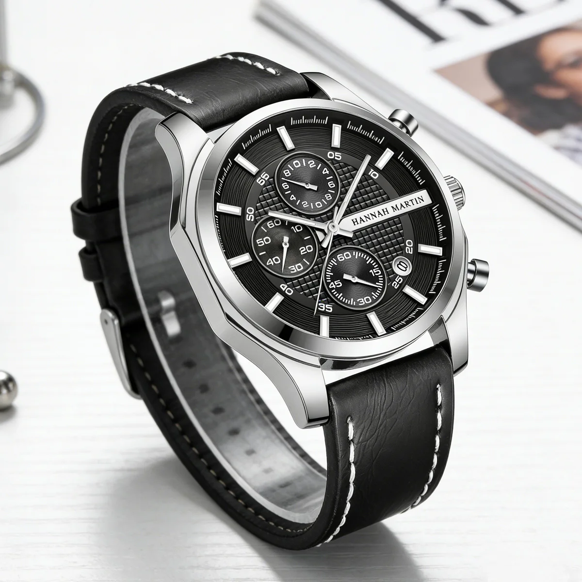 HANNAH MARTIN Original TOP Brand Black Quartz Watch Men Leather Strap Sports Fashion Multifunctional Timing Movement Man Watch