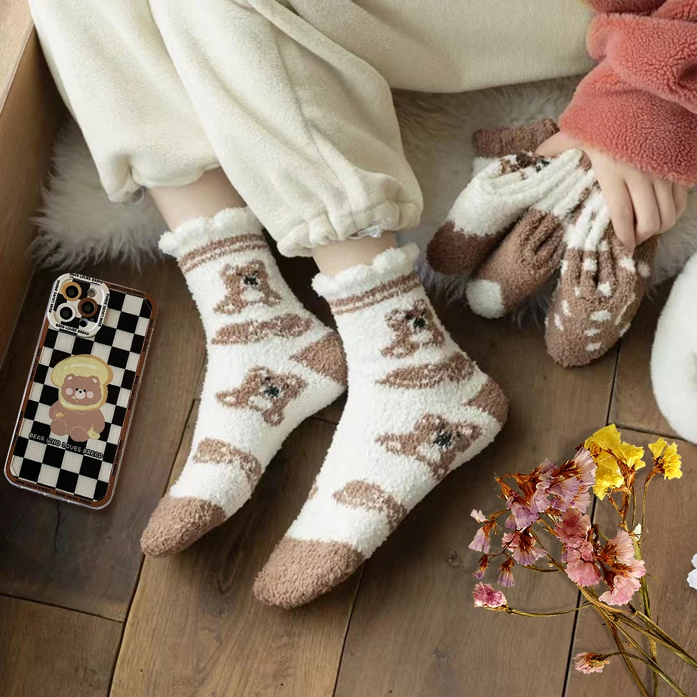 2/3 Pairs Women Thermal Fluffy Socks Winter Snow Socks Girls Ins Fashion Pattern Warm Color Crew Socks Ladies Floor Sleep Socks