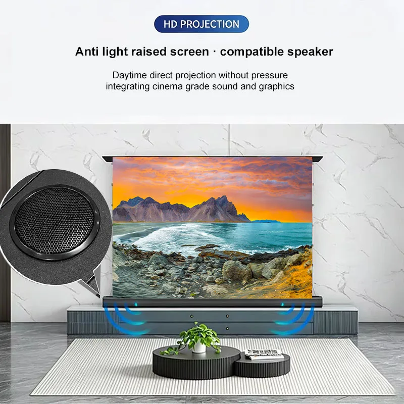 

Electric ALR CLR Rollable Floor Rising 150 Inch Max Long Throw Projector Screen Fresnel Ambient Light Rejecting HD 3D 4K 8K